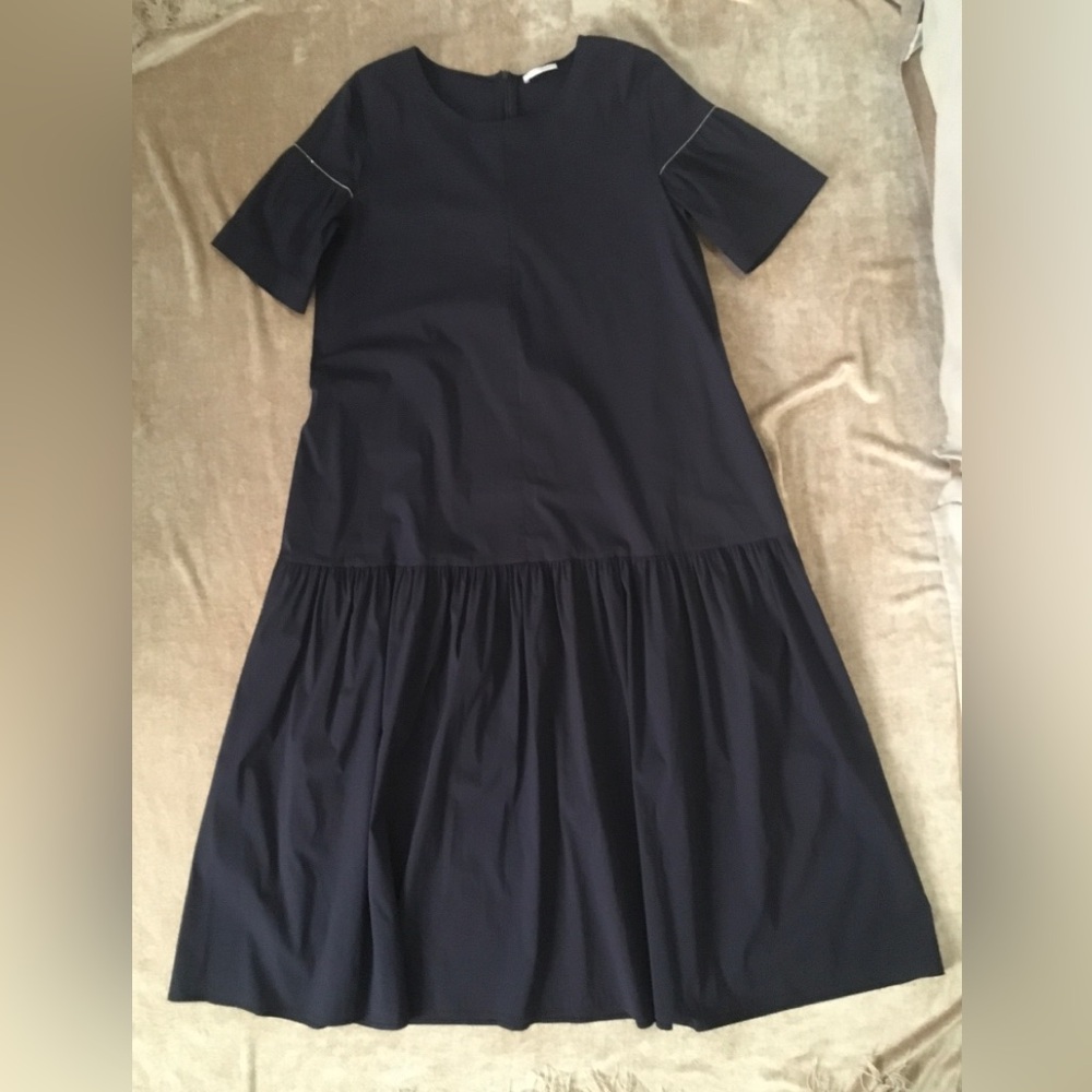 Hubert Gasser Navy Short-Sleeve Maxi Dress with Gathered Skirt, Size 46 US 10